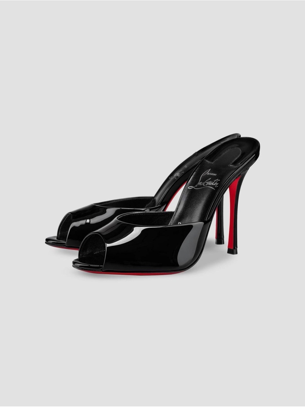 Christian Louboutin Black Patent Open-Toe Mule Heels with Red Sole